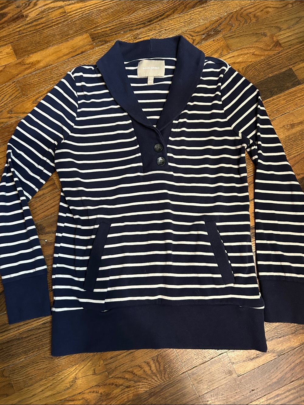 Banana Republic Navy and White Striped Shawl-Collar Sweater